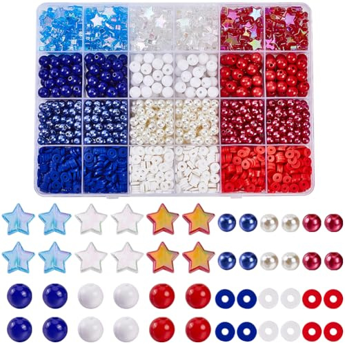 SOFPLATE 1 Box Mit 1900 Stück + Unabhängigkeitstag Perlen 4. Juli Perlen Blau Rot Weiß Rund Kunststoff Acryl Perlenstern Polymer Ton Patriotische Perlen Zur Schmuckherstellung Halsketten Ohrringe Fest
