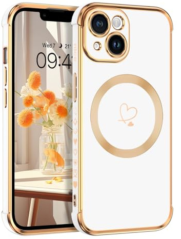 Telaso Magnetische Hülle für iPhone 14 Plus, Handyhülle für iPhone 14 Plus Case Niedliches Herz Muster [ Kompatibel mit MagSafe ] Weiche Plattierung Abdeckung, Schutz der Kamera, Weiß
