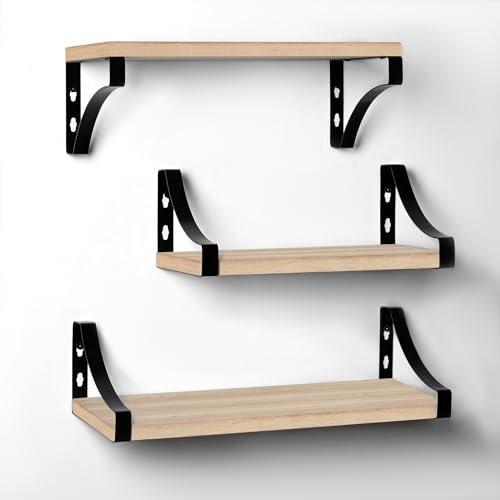 T-LOVENDO.ES Baldas Pared Madera Natural. Estantes flotantes o estantería. Repisas. Juego de 3 Piezas. Ideal salón, Sala Estar, baño, Cocina, decoración. Fácil Montaje. Resistente.
