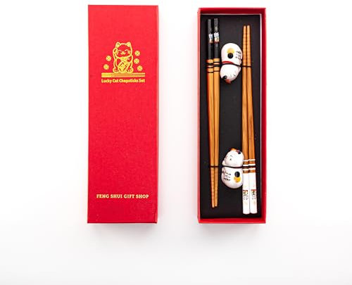 2 Pairs Reusable Cat Chopstick Set – Dishwasher Safe Fiberglass Chopsticks with Ceramic Cat Rest | Durable Chopsticks for Sushi, Noodles & Rice | Elegant for Food Lovers (Cat Design 2 (Red Box))