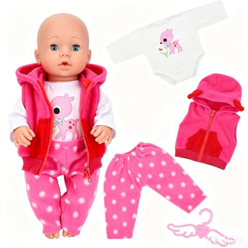 Miunana Kleidung Bekleidung Puppenkleidung Zubehör für 35-43cm Baby Puppen | Rosa Kapuzenweste Oberteil Hose Kleiderbügel Outfits Zubehör für 14-17 Zoll Neugeborene Baby Puppen Kinder Mädchen Geburtstag
