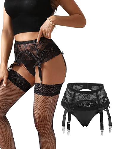 sunshinelady Reggicalze da donna, sexy, in pizzo, con 4 reggicalze, ampia reggicalze, taglie grandi, set di reggicalze curve, dessosu con mutandine da donna, Nero , XS-S