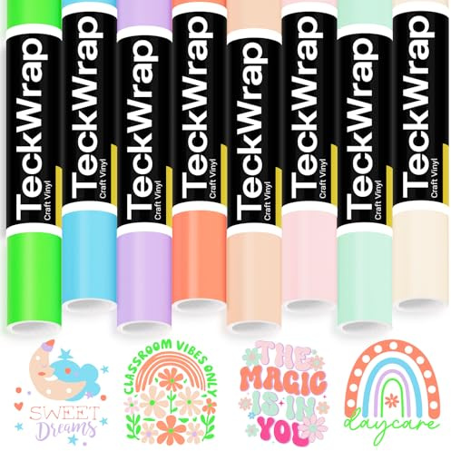TECKWRAP Pastel Permanent Vinyl Bundle 12''x3ft/Roll Matte Adhesive Vinyl Pack 8 Assorted Colour Permanent Vinyl for Mug, Cup, Window & Home Deco,and Other DIY Projects