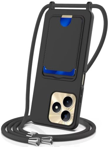 SLWYF Funda Silicona con Cuerda Compatible con Realme Narzo N53 4G/C53/C51/Note 50 4G, con Ranura para Tarjetas, Silicona Líquida Case con Correa Colgante Ajustable Collar Correa de Cuello, Negro