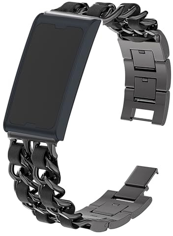 Blueshaweu Compatible for Amazfit Helio Bands, Quick Release Jewelry Chain Metal Wristband with Leather Compatible for Amazfit Helio Strap Smart Band Fitness Tracker