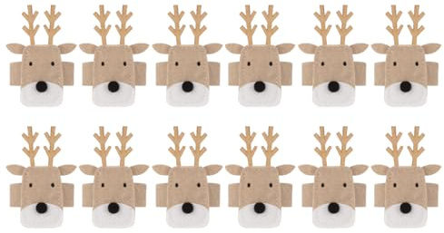 Pack of 12 Felt Reindeer Napkin Rings - Festive Celebration Christmas Dinner Table Setting Knife Fork Spoon Serviette Holder Home Kitchen - Wooden Antlers