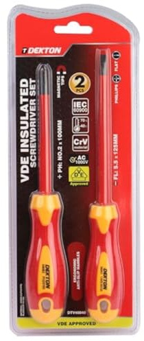 DEKTON 2PCS VDE Insulated Screwdriver Set – Tested to 1000V | EN IEC 60900:2018 Certified | Chrome Vanadium Steel Blade | Magnetic Tips | Anti-Slip Ergonomic Handle | Professional Electrical Toolkit