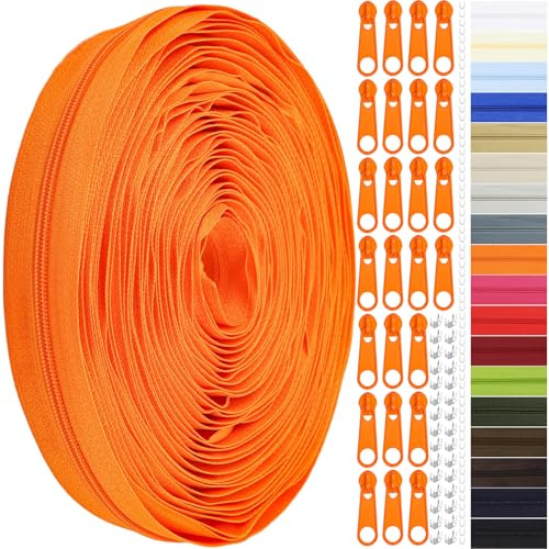 Endlos Reissverschluss mit Zipper, 3mm 11m Nylon Endlosreißverschluss Meterware und 25 Zipper aus Metall für Kleidung Tasche Mäppchen Bettwäsche (Orange, #3)