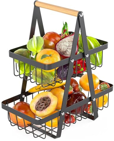 NUWIQ Fruit Basket, 2 Tier Fruit and Vegetable Storage Rack, Black Removable Fruit Tray, Fruit Storage, Metal Fruit Basket with Wooden Handle, for Fruit, Bread, Snacks, Vegetable Storage for Kitchen
