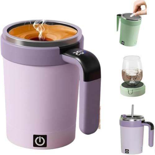 Magnetic Stirring Cup, Heated Travel Mug with Smart Temperature Control, Portable Drink Mixer, USB-C Rechargeable, One-Handed Design, Removable Base for Coffee, Tea and Beverages (Purple)