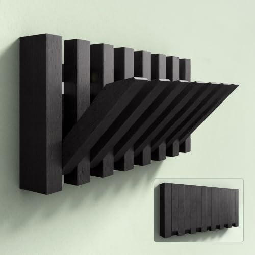 Mai & Mai Kleiderhaken aus Holz mit 7 magnetischen Klapphaken Mattschwarz | Garderobenleiste zum Kleben oder Bohren, Garderobenhaken Wandgarderobe Wandhaken für Bad Küche Flur, 267mm Twigro-01