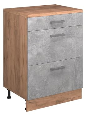 Vicco Erweiterungskommode Rion, Beton/Goldkraft Eiche, 60 x 46 cm ohne Schräge mit 3 Schubladen, kombinierbar mit Rion Dachschrägenschränken und Schrankmodulen