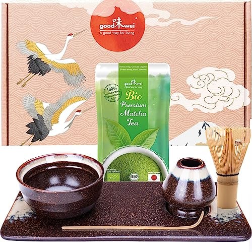 Goodwei Juego de Matcha para ceremonia de té japonesa, 6 piezas - cuenco matcha, soporte para escoba y bandeja de té con diseño a juego con auténtico matcha orgánico de Japón (Kumo)