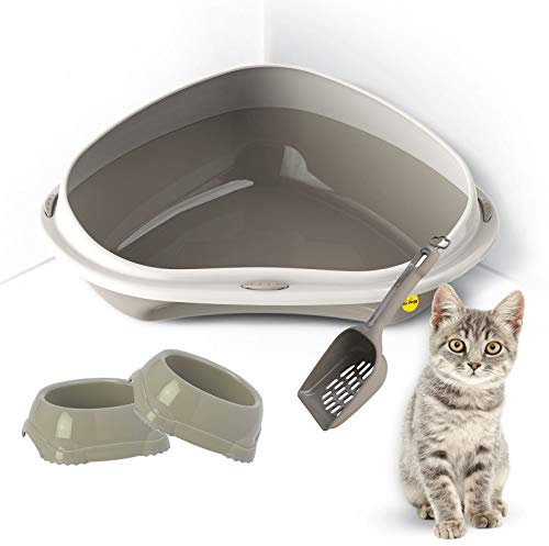 CAT CENTRE Grey Jumbo Corner Cat Litter Tray Bundle + 2 Grey Smarty Bowls 0.3L + Grey Scoop - Cat Hygeine Toilet, High Rim