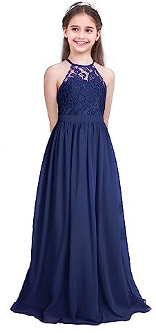 Freebily Vestito Lungo Bambina Elegante Principessa Pizzo Floreale Chiffon Tutu Abito da Sera Cerimonia Damigella d'Onore Comunione Vestiti Bimba Festa di Compleanno Blu 12 Anni