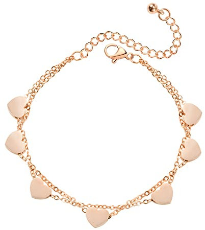 VU100 Femmes Bracelet Délicat Breloques Coeurs Plaqué Or Rose Bracelet Double Chaîne Style Minimaliste sans Nickel