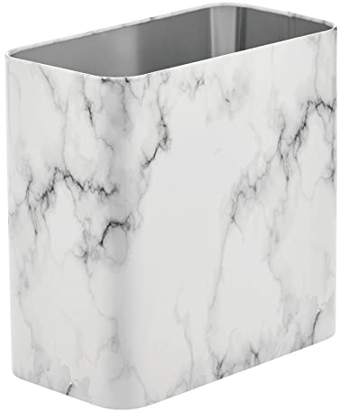 mDesign Metal Wastepaper Bin — Compact Rectangular Bathroom Bin — Rubbish Basket for Home and Office — Marble Coloured