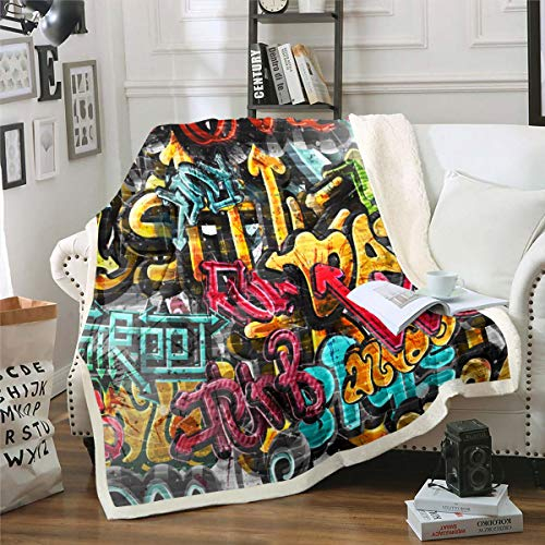 Hippie Graffiti Decke Hip Hop Dekor Wohndecke für Couch Bett Sofa Graffiti Muster Flanell Fleecedecke Straßenkultur Dekor Kuscheldecke Sport Thema Raum Dekor 150x200cm