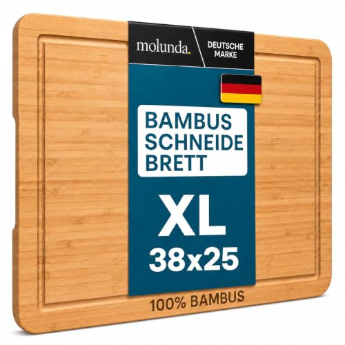 Molunda Schneidebrett Holz - Antiseptisches Hochwertiges Bambus Küchenbrett, Groß mit Griffen und Saftrille - Zertifiziertes FSC® Servierbrett schnittfest und messerschonend Cutting Board, 38x25x2cm