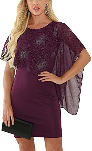 Minetom Abito Donna Floreale Pizzo Tinta Unita Elegante Girocollo Midi Vestito Cerimonia Festa Sera E Viola XS