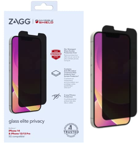ZAGG InvisibleShield Glass Elite Privacy Screen Protector for iPhone 13/13 Pro & iPhone 14, Slim Design, Anti-microbial, Impact Protection, Smudge Free, Scratch Resistant