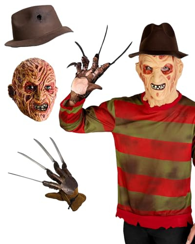 Funidelia Offizielles Krueger-Trikot mit Hut, Handschuh und Maske - Nightmare on Elm Street für Herren - Outfit für Erwachsene für Partys, Karneval und Halloween