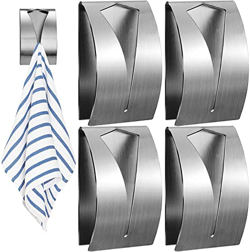 4 Stück Handtuchhaken Geschirrtuchhalter Ohne Bohren,Handtuchhalter Selbstklebend,Wandhaken Küche aus Edelstahl,Küchenhandtuchhaken,Haken Handtuchklemme für Küche Badezimmer Toilette (Silber)