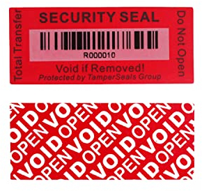 TamperSeals Group - 100 Stück 25 x 60 mm Rot Total-Transfer Manipulationssichere Sicherheits Void Aufkleber/Etiketten/Sicherheitssiegel mit Barcodes
