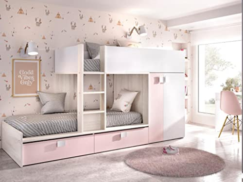 Vente-unique Etagenbett mit Kleiderschrank + Matratzen - 2X 90 x 190 cm - Weiß, Naturfarben & Rosa - JUANITO