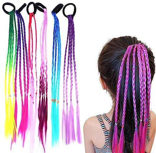 Bunte Haarsträhnen Kinder, 6Pack Bunte Geflochtene Haar Haarsträhnen Kinder Haarsträhnens zum Einklipsen für Mädchen Haarschmuck Cosplay Performance Party Zubehör