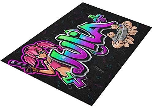 timalo® Cooler Gamer Teppich mit Namen für Mädchen | Personalisierter Kinderteppich mit Wunschname Gaming Fußmatte Deko Kinderzimmer Frauen | carpet-gamer-140x90-12