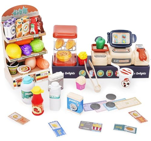 COO11 42pcs Kids Cash Register with Scanner, Kids Supermarket Pretend Play Set. Play Food, Money, Drinks and Accessories, Educational Grocery Store Role Play Set for Boys and Girls Ages 3+