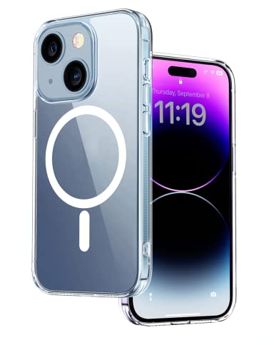 4-OK Funda para iPhone 13 Mini, Compatible con MagSafe, Carga Inalámbrica, Carcasa Híbrida, aro magnético, Resistente a Arañazos y Amarillamiento, Transparente (iPhone 13 Mini, Transparente)