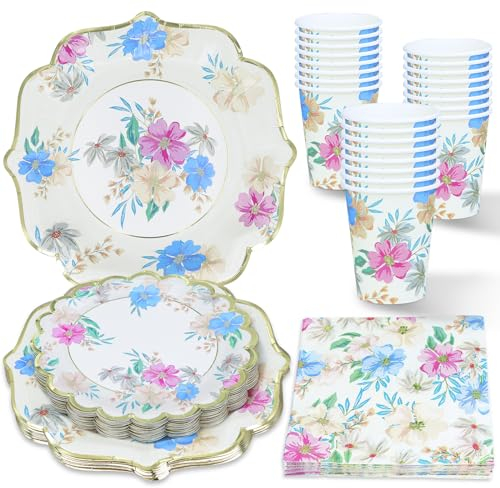 ZVK Florales Vajilla de fiesta, Platos, Servilletas, Vasos, Dorado de lámina 96 piezas Juegos de vajilla para fiestas de papel Beige Juegos de cubiertos desechables para bodas, aniversario, partido