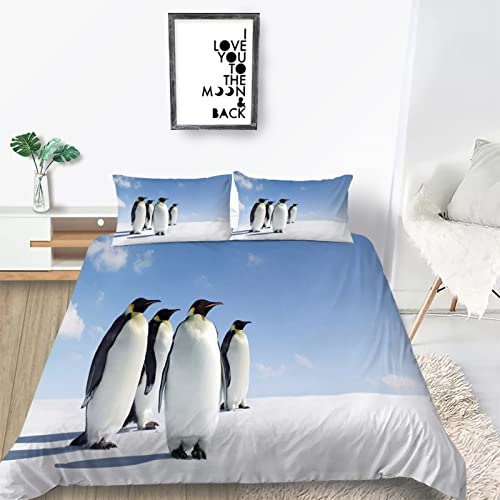 Bettwäsche Set Pinguin Tier Muster Kinder Bettbezug mit 2 Kissenbezug 3 teilig 155x200 cm + 80x80cm Weiche Atmungsaktive Polyster Kids Betten Set mit Reißverschluss
