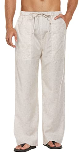 COOFANDY Leinenhose Herren Lange Leicht Sommerhose Urlaub Freizeithosen Herrenhosen mit Gummibund Leinen Strandhose Beige M