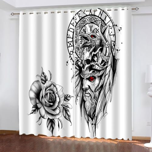 WIKINGER Vorhänge mit ösen 2er Set B 150 X H 166 cm 3D Odin Gardinen Blickdicht Kälteschutz Schallschutz Verdunkelung Wärmeisolierende Vorhang für Wohnzimmer Schlafzimmer