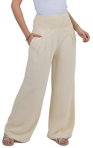 Lofbaz Women Linen Palazzo Wide Leg Pants Flowy Lounge Casual High Waist Trousers Summer Beach Boho Long Pant with Pockets Light Khaki M