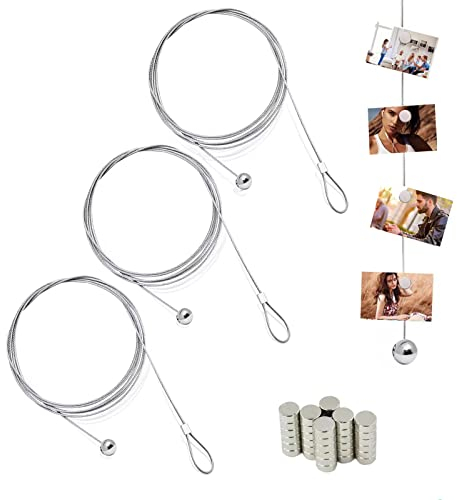 BEROZA 3 Pcs Câble Acier de Photo Câble Inox avec 36 Aimant Photo Corde 2m Filin Acier 1.5mm Image Corde Câble Acier Tressé Fin Cable Acier Suspension Déco pour Photo Carte Postale Lettre Mur Bureau