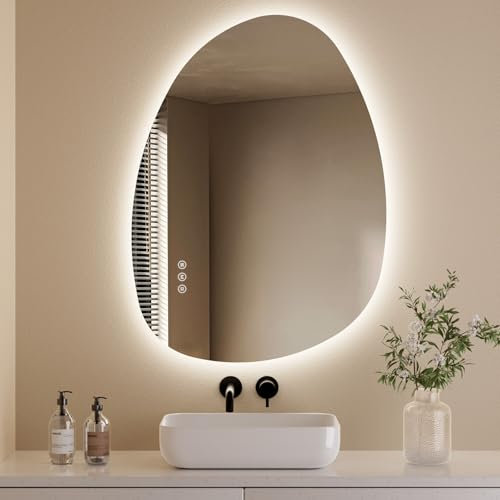 S'AFIELINA Miroir Mural LED Salle de Bain 75×55×2,5 cm Asymétrique Miroir avec Interrupteur Tactile, 3 Couleurs de Lumière Réglables - Blanc Chaud/Blanc Froid/Neutre, Antibuée Miroir de Salle de Bain