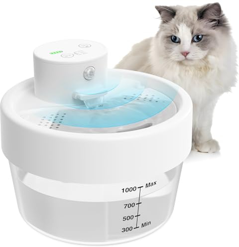 MASBRILL Fontaine a Eau Chat sans Fil, 1L Distributeur Eau pour Chat et Chien avec Detecteur de Mouvement, Super Silencieuse Fontaine Eau Chat Capteur Automatique, 3 Modes de Travail, Blanc