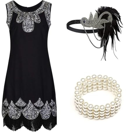 Damen 1920er Jahre Pailletten Flapper Kleider Fransen, Great Gatsby Partykleid mit Stirnband und Armband, 1920er-Jahre-Set, Medium