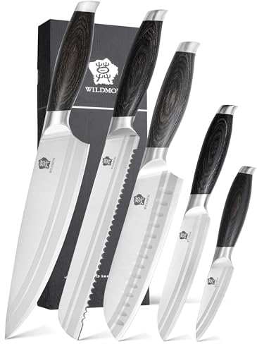 WILDMOK Profi-Messerset, 5-teiliges Küchenmesserset, deutsches Kochmesserset aus Edelstahl mit Geschenkbox, schwarzer Pakkaholzgriff