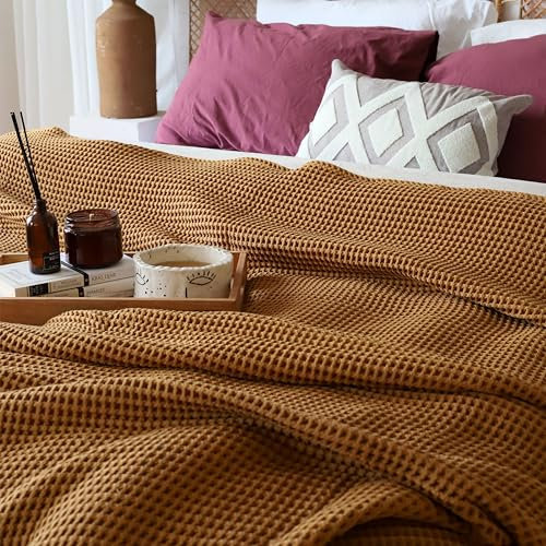 Viva Maison Decke aus reiner 100 % türkischer Baumwolle, Waffelmuster für Bett, Queen-Size-Größe, luxuriöse Tagesdecke, Überwurf, Karamell (Karamell, Queen-Size-Bett: 231,1 x 241,3 cm)