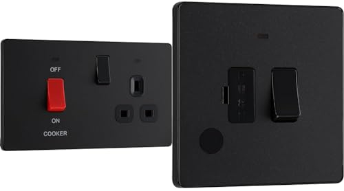 BG Electrical Evolve Cooker Control Socket, Double Pole Switch with LED Power Indicators, 13A, Matt Black & Electrical Evolve Fused Connection Unit with Power LED Indicator, 13A, Matt Black