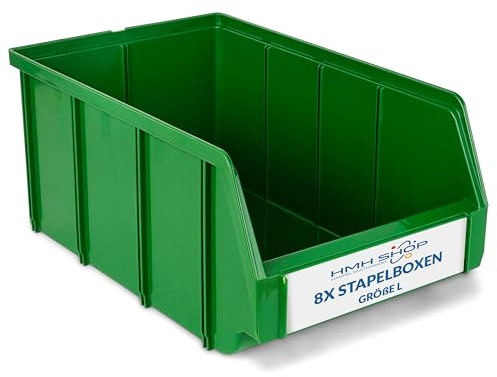 Stapelboxen der Größe L 335x209x152mm für dein Kleinteilelager, Sortierkisten in 5 Farben, Zubehör wie Deckel Trennsteg Beschriftungsfach Wandschiene (Grün, 8 Stück)