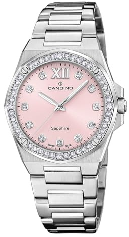 Candino Swiss Damenuhr Analog aus Edelstahl 316l Silberfarben | Quarzwerk, Widerstandsfähiges Saphirglas, Wasserdicht 5 ATM C4751/4, Lady Elegance, Rosa Zifferblatt