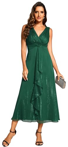 Ever-Pretty Vestido de Invitada Boda Mujer Sin Mangas Cuello en V Dobladillo con Volantes Verde Oscuro 48