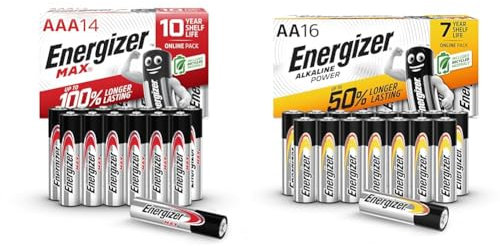 Energizer Piles alcalines AAA Energizer Max, Paquet de 14 & Alkaline Power AA, 16 Pack