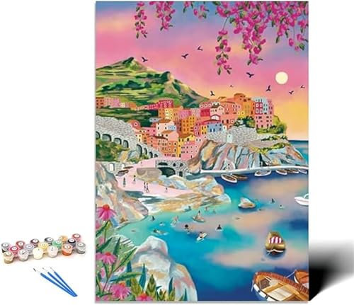 Bord de mer Peinture Numero Adulte, Eenfants Peinture par Numéro Petite ville Peinture par Numero Débutants Activité Manuelle, avec 3 Pinceaux et Acryliques Pigment, Decoration Murale 90x120cm -Y239
